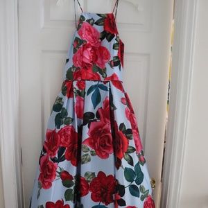 Pleated Lace-Up High Neck Floral-Printed Gown